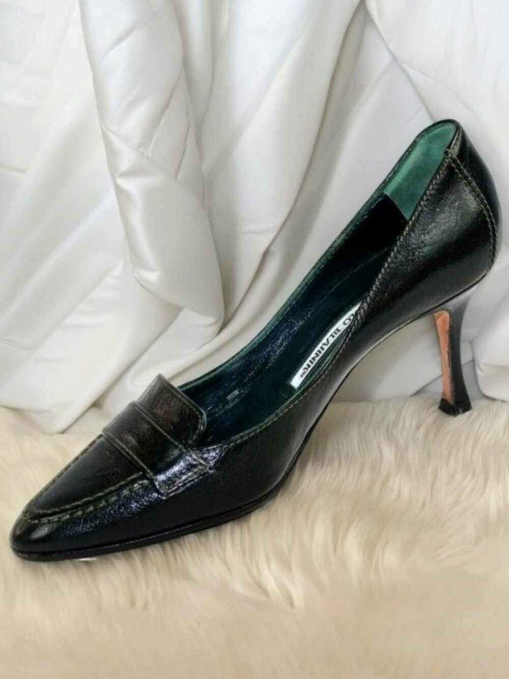 Manolo Blahnik Black Leather Preppy Loafer Pumps, Size 36.5 (US 6.5)